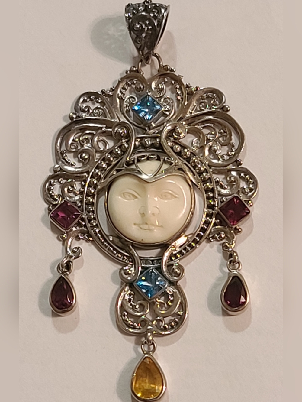 Beautiful Ornate Indonesian Carved Moon Face Multi Gem Pendant 925 Stamped Siver - Picture 7 of 14